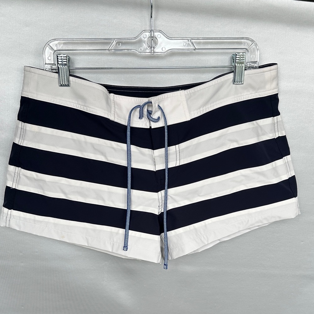 Greenlines women navy blue & white striped board shorts Sz 8 drawstring, pocket